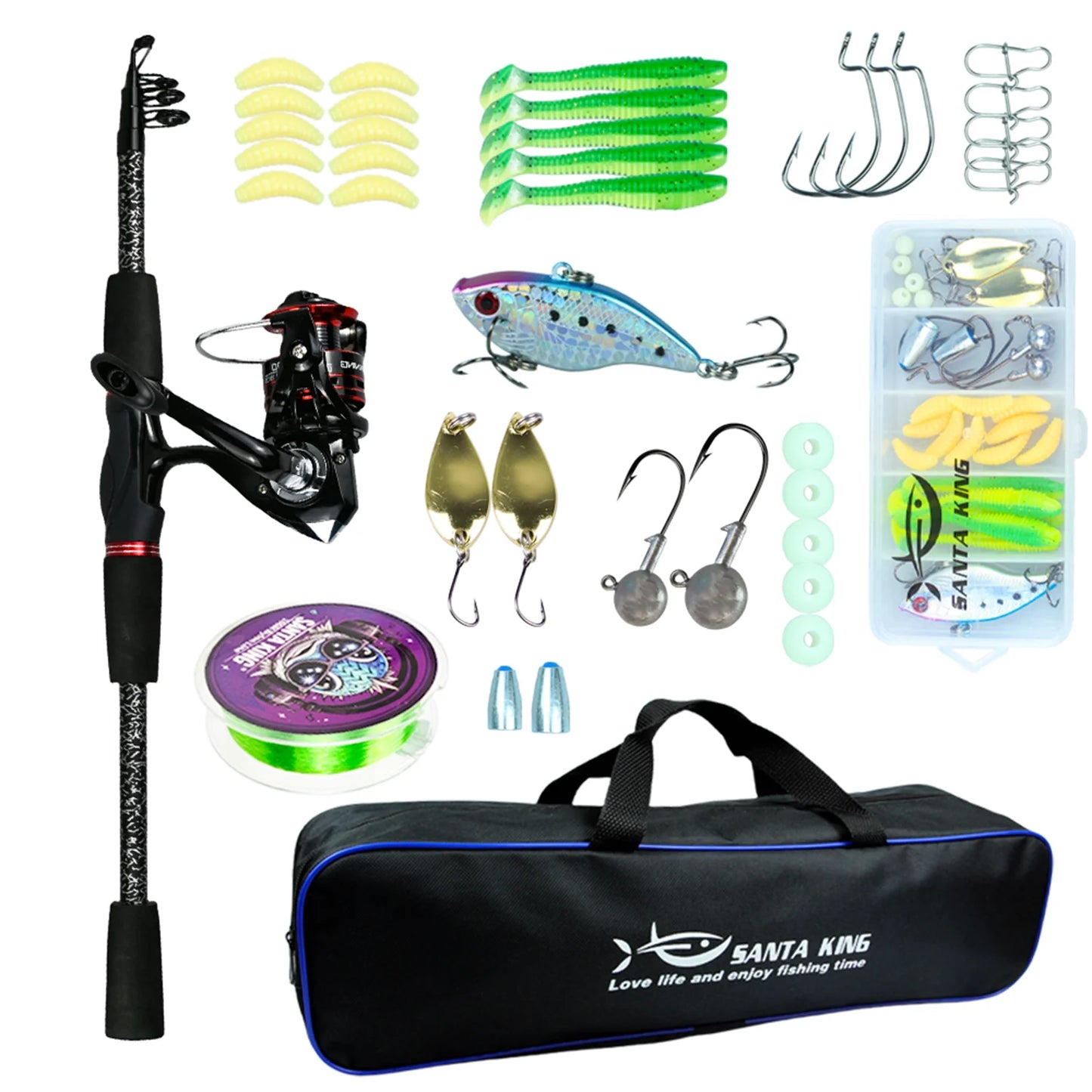 Spinning Fishing Kit- Telescopic Fishing Rod and Spinning Fishing Reel Fishing Line Lure Spoon Hooks Weights with Tackle Bag