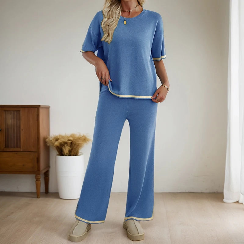 Women's Clothing Two Piece Set Spring Summer Fashion Casual Round Neck Short-Sleeved Pullover Tops Wide-Leg Pants Matching Suit