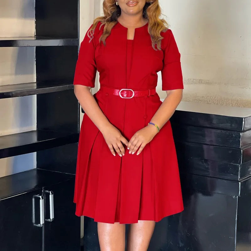 Women's Clothing 2025 Autumn Fashion Elegant Temperament Solid Color Five-quarter Sleeve African Dress