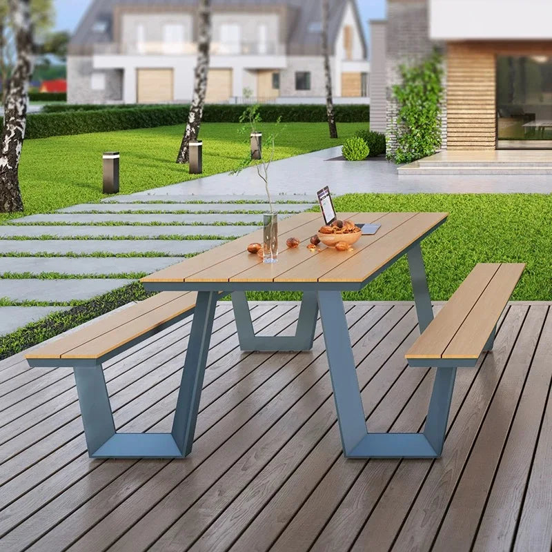 180cm Picnic Table Bench Set Weatherproof Outdoor Dining Table Set Plastic Wood Picnic Beer Table Bench with Aluminum Frame
