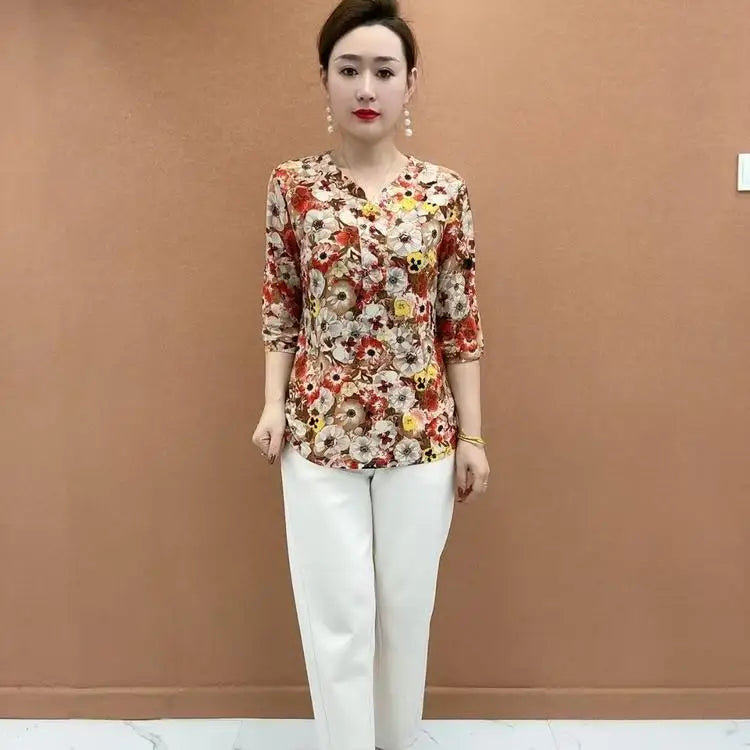 Women's Clothing Folk Broken Flowers Blouse Summer Casual Drawstring V-Neck Half Sleeve Prairie Chic Printed Commute Folds Shirt