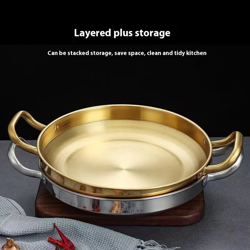 Korean Frying Pan Stainless Steel Paella Pan with Gold Handle Cooking Pot Seafood Rice Pans Non Stick Skillet Kitchen Cookware