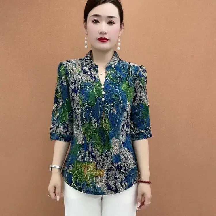 Women's Clothing Folk Broken Flowers Blouse Summer Casual Drawstring V-Neck Half Sleeve Prairie Chic Printed Commute Folds Shirt