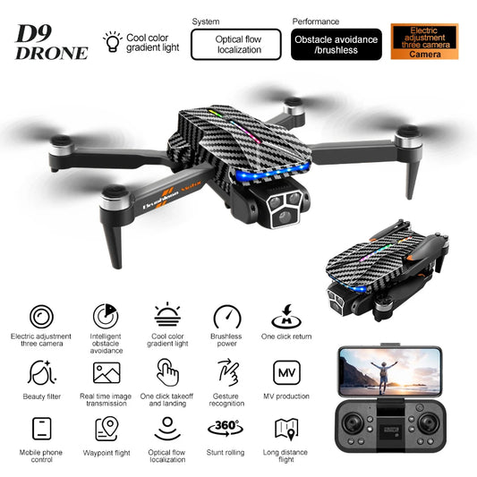 The D9 drone is equipped with gradient LED streamer,brushless motor,EIS electronic stabilization system,2.4GHz anti-interference