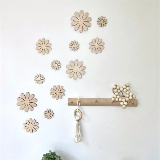 Nordic Wooden Daisy Flower Wall Decoration Self-adhesive Wall Stickers Set Wooden Sticker for Kids Room Nursery Decor
