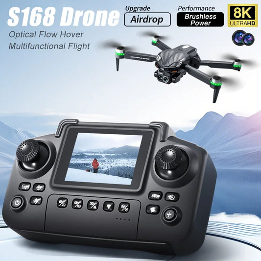2025 S168 RC Drone 2.4inch Screen Brushless Motor 8K HD Dual Cameras Optical Flow Positioning Intelligent Avoidance Aircraft Toy
