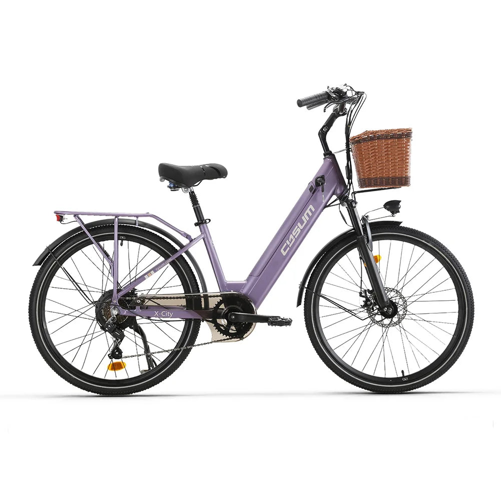 Electric Bicycle 26Inch 250W Motor Ebike 7Speed Removable Battery Pedal Assist with Basket Luggage Rack Urban Women City Ebike
