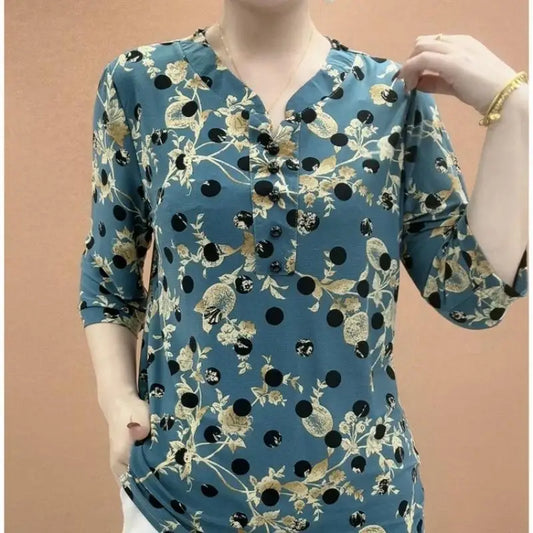 Women's Clothing Folk Broken Flowers Blouse Summer Casual Drawstring V-Neck Half Sleeve Prairie Chic Printed Commute Folds Shirt