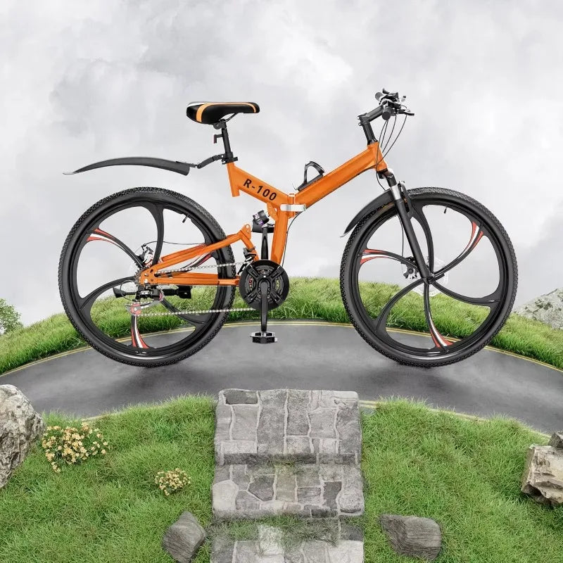 Popular.26 Inch Folding Mountain Bike, 21 Speed Full Suspension High-Carbon Steel MTB Foldable Bicycle