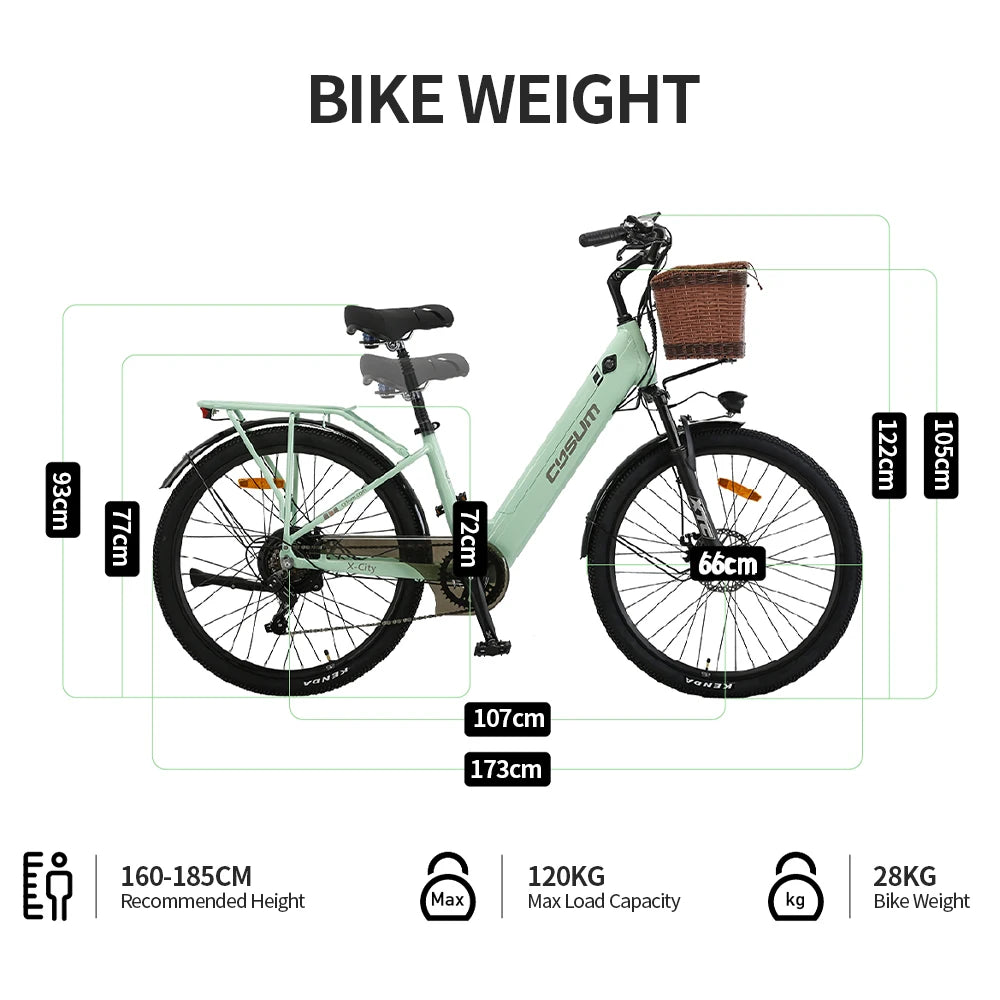 Electric Bicycle 26Inch 250W Motor Ebike 7Speed Removable Battery Pedal Assist with Basket Luggage Rack Urban Women City Ebike