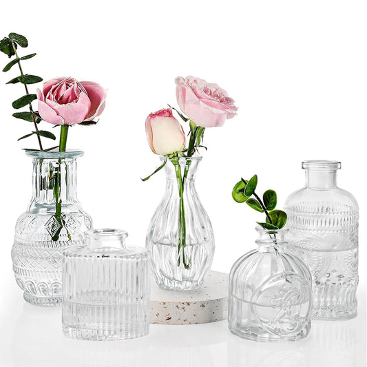 Set of 5 Bud Vases, Small Vase for Flowers, Glass Vase for Home Decor, Wedding Decorations, Clear Flower Vases for Centerpieces