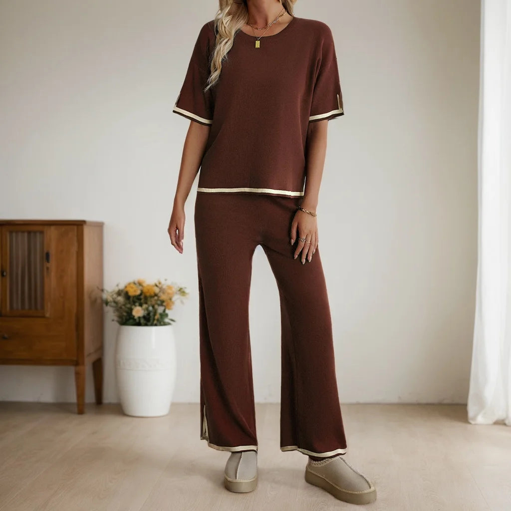 Women's Clothing Two Piece Set Spring Summer Fashion Casual Round Neck Short-Sleeved Pullover Tops Wide-Leg Pants Matching Suit