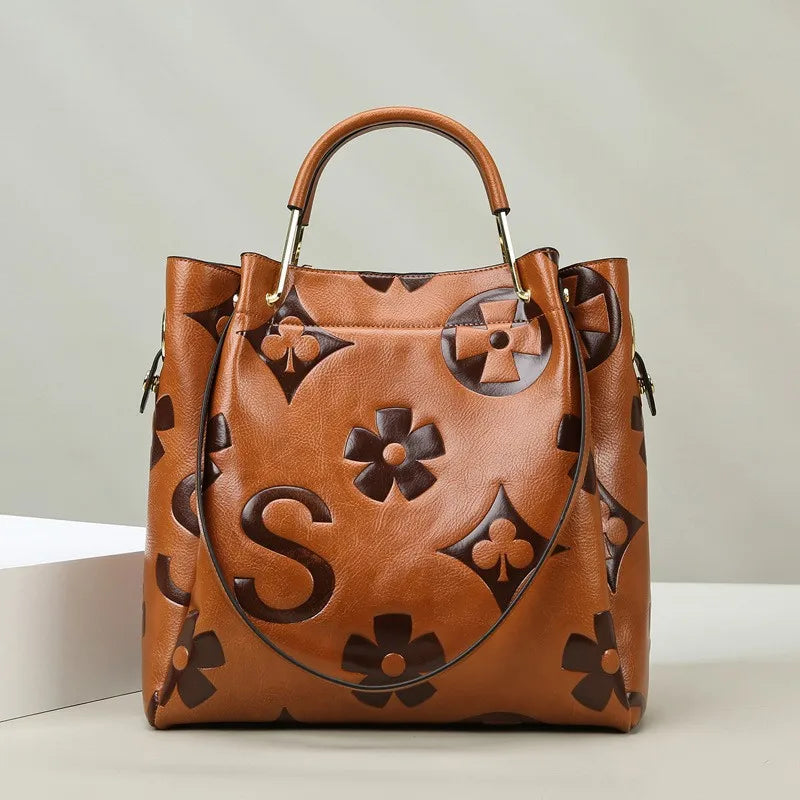 Women's Handbag, High-End Embossed Tote Bag, Large-Capacity Bucket Bag, Water-Repellent Mother-In-Law Bag, Fashionable Shoulder Crossbody Bag