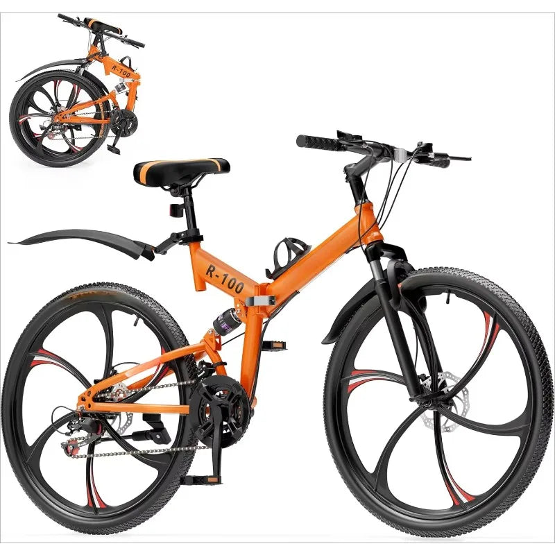 Popular.26 Inch Folding Mountain Bike, 21 Speed Full Suspension High-Carbon Steel MTB Foldable Bicycle