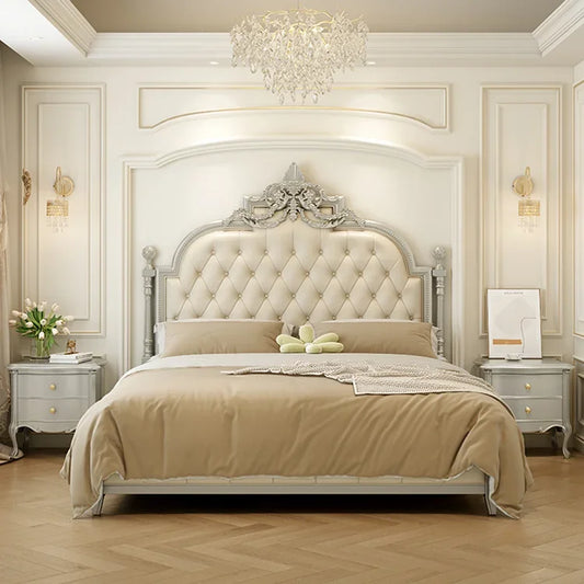 Solid Wood Double Bed, Tatami Bed, Leather Frame, European Style, Suitable for Bedrooms